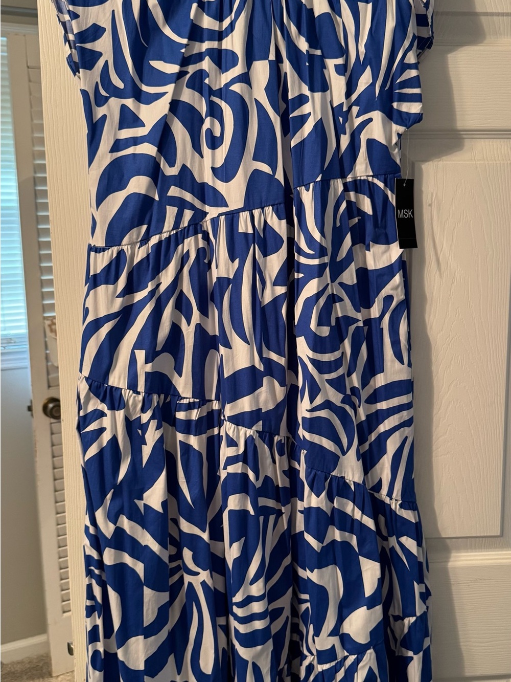 MSK White and Blue Abstract Printed Tiered Maxi Dress